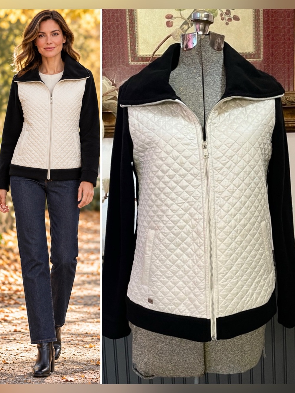 Lauren Ralph Lauren Quilted Front Fleece Jacket Black Cream XS 💛🎀